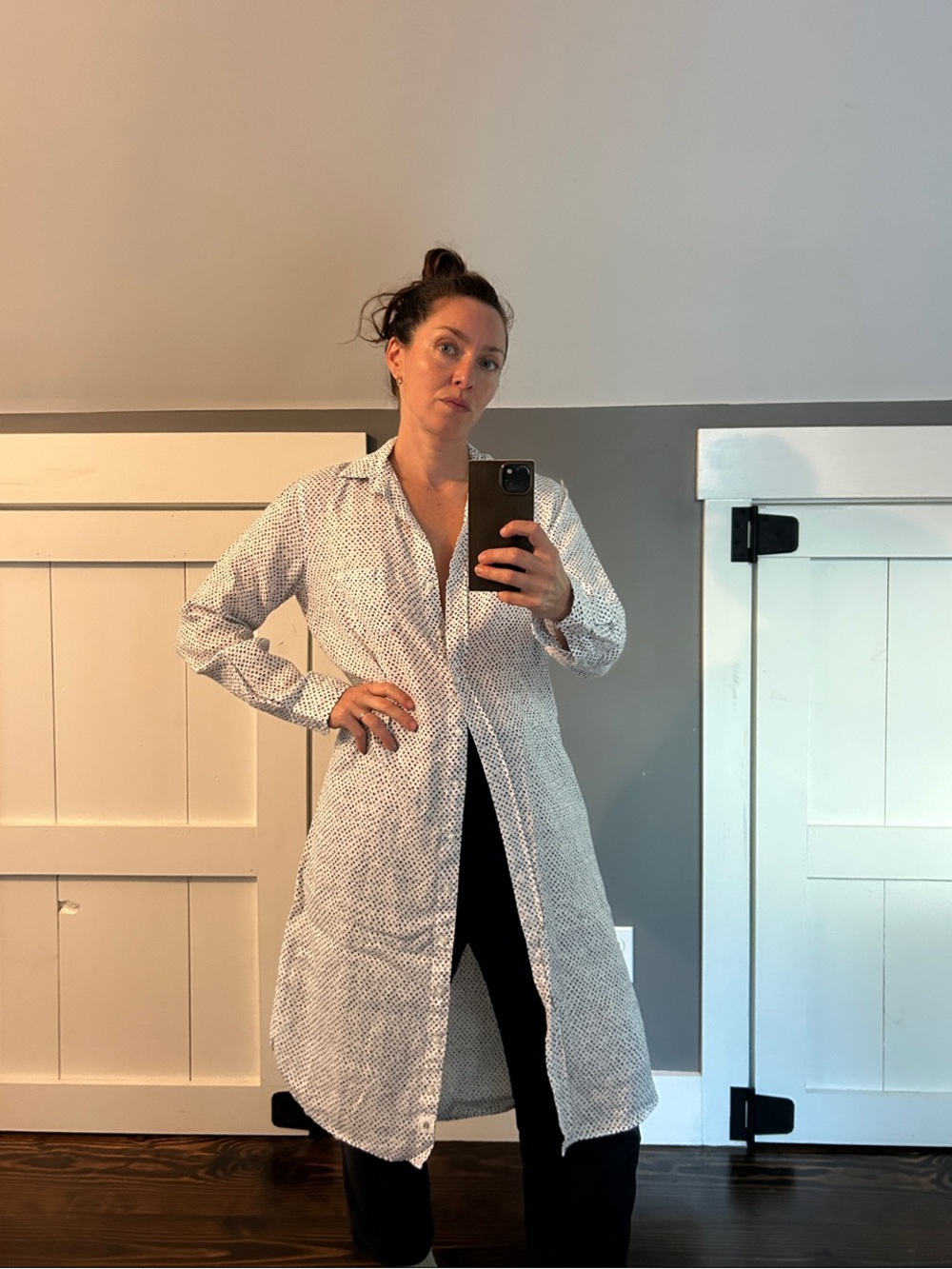 Grayson White Midi Shirt Dress with Black Dot Print